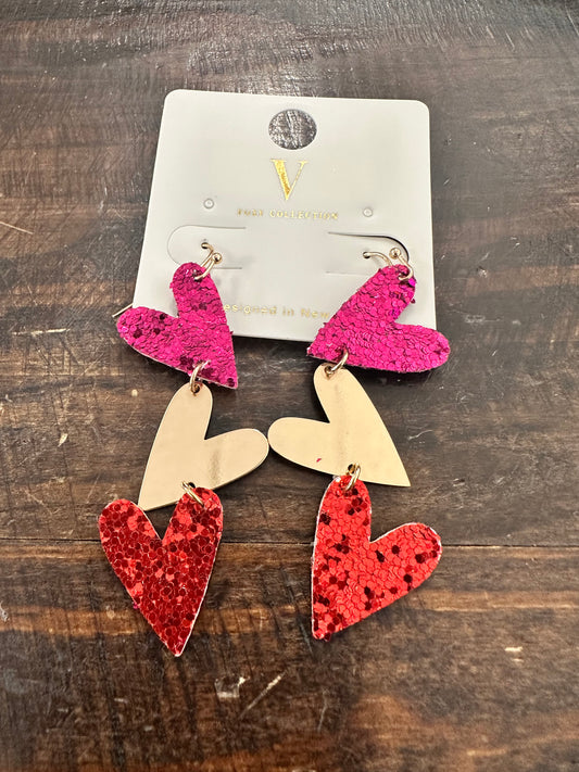 Glitter Heart 3 Drop Earrings