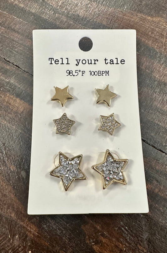 Set of 3 gold star earrings