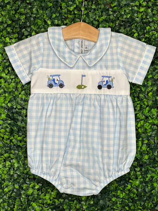 SD - Blue Gingham Golf Cart Boy Bubble