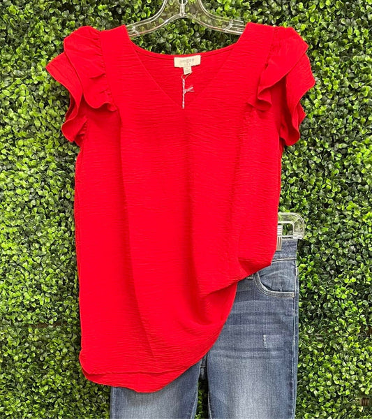 Umgee - Red V Neck Ruffle Sleeve Top